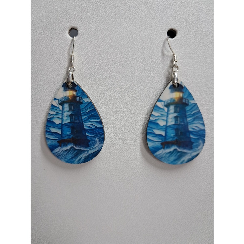 Lighthouse Nautical Teardrop Dangle Earrings Blue Ocean Waves‎ Coastal Jewelry